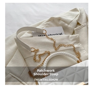 Detail of white quilted crossbody bag featuring a golden chain and leather strap