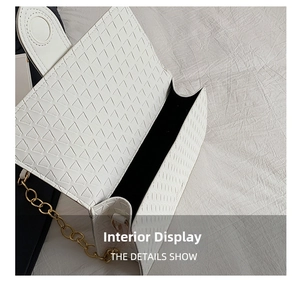 Interior space of white flap bag with geometric embossed leather and gold chain strap