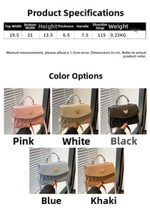 Detailed size chart and multi-color options for the butterfly clasp crossbody bag