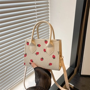 Corduroy mini tote bag with strawberry embroidery and adjustable shoulder strap