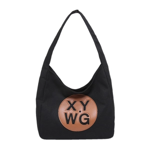 Large capacity black canvas tote bag with brown leather embossed logo for casual daily use