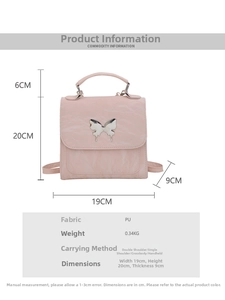 Pink PU mini backpack with butterfly tassel and dimensions for multi-way carry styles