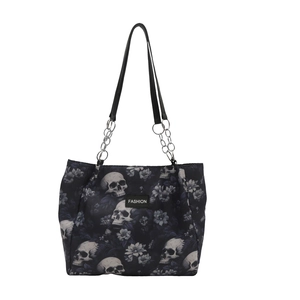 Grand sac fourre-tout à motif crâne avec poignées chaîne et écusson de mode chic