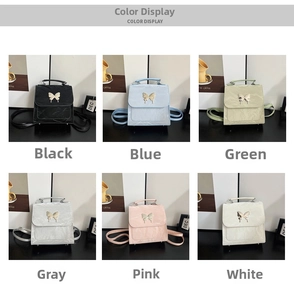 Six-color grid display of butterfly textured mini backpacks in versatile pastel tones