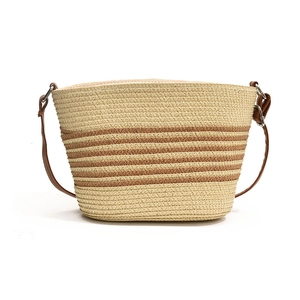 Summer woven crossbody bag with stylish brown stripes and adjustable shoulder strap