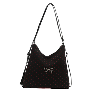 Sac fourre-tout en toile à motifs cœurs rouges et nœud argenté pour femme chic