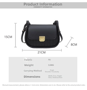 Detail view of black PU leather shoulder bag with quilted pattern and gold square lock clasp