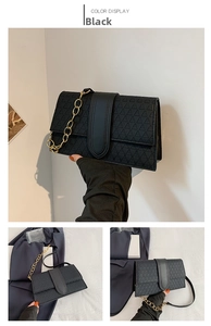 Detail of black crossbody bag featuring 3D triangle texture and gold chain strap