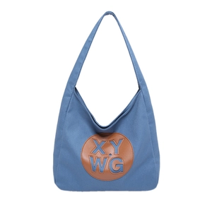 Large capacity fog blue canvas tote bag with letter print and leather patch detail