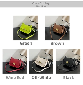 Detail view of five colors of small crocodile texture crossbody bags with gold buckles