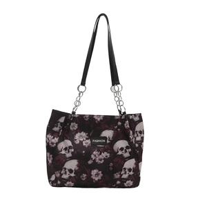 Schultertasche mit Totenkopf- und Rosenmuster, Kettenriemen und modischem Label