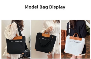 Detailed views of high-capacity canvas tote bag with leather trim and shoulder straps