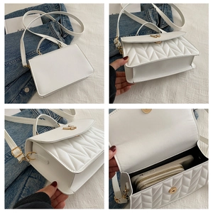 Macro views of white V-quilted bag with gold butterfly clasp and internal storage space