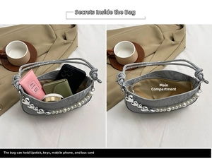 Gray textured shoulder bag with pearl heart strap showing spacious interior for daily essentials