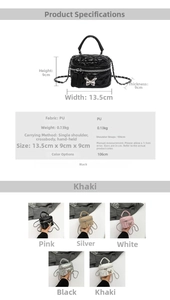 Detailed view of quilted mini box bag dimensions and five color options with chain strap