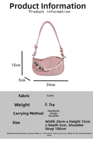 Pink faux suede crescent bag detailed dimensions and silver heart pendant specifications