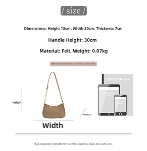 Detailed size chart for the khaki felt baguette bag showing dimensions and capacity