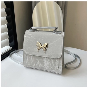 Close-up of metallic silver box bag featuring pleated texture and golden butterfly buckle