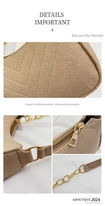 Detail of V-quilted wool-felt handbag with gold chain strap and smooth metal zipper