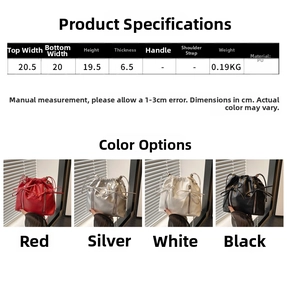Detailed size chart and color options for the minimalist PU leather bucket bag with bow