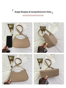 Detailed four-angle view of khaki felt underarm bag with gold chain strap and size reference