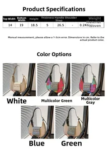 Size chart showing crescent woven shoulder bag dimensions and five color options