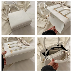 Detailed multi-angle views of white crossbody bag with gold zippers and silk scarf
