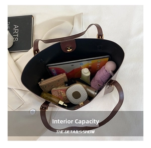 Top view of large capacity dark brown tote bag showing organized interior storage
