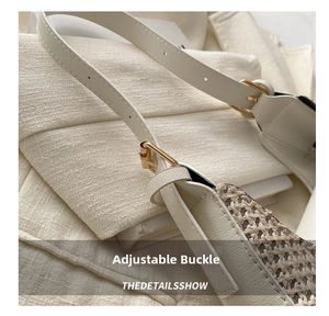Detail of adjustable golden buckle and cross-grain strap on white woven bag