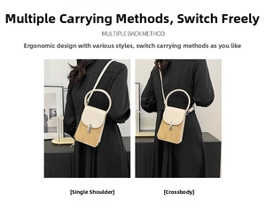Detailed view of women's two-tone crossbody bag with silver buckle and detachable strap
