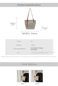 Size guide for large canvas tote showing dimensions 34x27x13cm and strap length 72cm