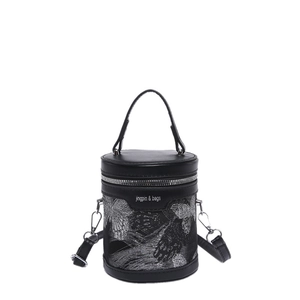 Chic black bucket bag with silver butterfly embroidery and adjustable crossbody strap