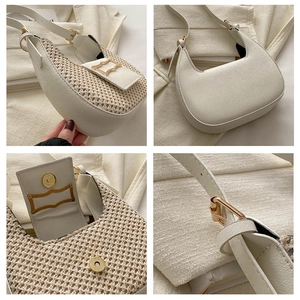Close-up of woven mesh texture and gold magnetic buckle on cream saddle shoulder bag