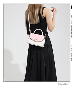 Detail of color-block mini bag with magnetic metal clasp and adjustable strap on model