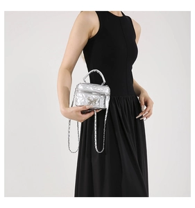 Silver quilted mini box bag with metal chain strap and butterfly detail shown on a model