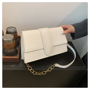 Detail view of white handbag featuring geometric triangle texture and gold chain strap