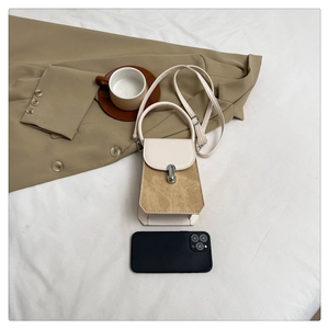 Detail of minimalist two-tone leather phone bag with metal clasp and crossbody strap