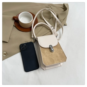 Detail of minimalist two-tone leather crossbody bag with metallic clasp and round handle