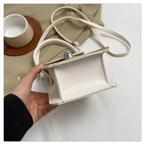 Detailed side view of beige canvas and leather square handbag with silver ball lock buckle