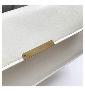 Detail of white matte synthetic leather bag featuring pleated texture and gold metal buckle