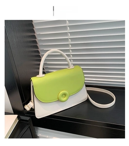 Détail d'un sac à main bicolore vert et blanc avec boucle ronde et jeux d'ombre