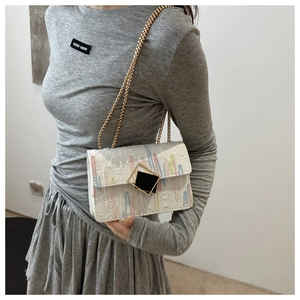 Detail of colorful embroidered stripes and metal square clasp on white chain bag