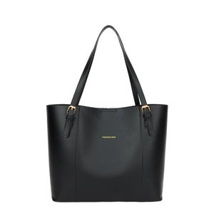 Minimalist black PU leather tote bag with gold lettering and adjustable shoulder straps