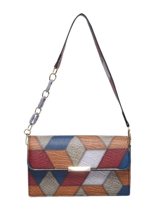 Retro geometric patchwork shoulder bag with leather texture and resin chain strap