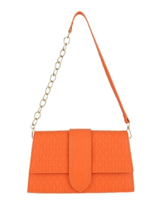 Minimalist orange handbag with geometric triangle pattern and gold chain strap