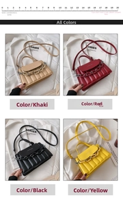 Detailed view of women's crossbody bags in khaki, red, black, and yellow with V-quilting