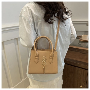 Khaki leather bag detail showing gold SS logo with fringe on stylish crossbody handbag