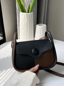 Retro contrast color crossbody square bag with round buckle and contrast stitching