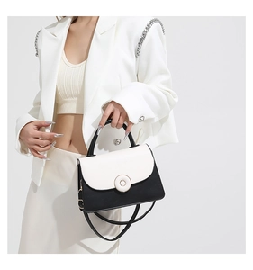 Detail of minimalist color-block crossbody bag featuring a magnetic metal lock and leather