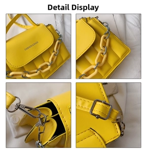 Detail of yellow PU leather bag showing decorative chain, clasp, and interior structure